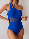 Emoswimsuit - Women's One Piece Swimsuits Tummy Control Mesh Patchwork Bathing Suit One Shoulder Adjustable Straps