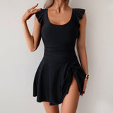 Emoswimsuit - Women One Piece Swim Dress Tummy Control Swimsuit Slimming Ruffle Side Tie Kont Swimdress Bathing Suit