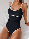 Emoswimsuit - Womens Tummy Control Swimsuit Color Block One Piece Bathing Suits Slimming Double Straps Swimwear High Cut Swim Suit