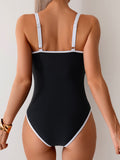 Emoswimsuit - Womens Tummy Control Swimsuit Color Block One Piece Bathing Suits Slimming Double Straps Swimwear High Cut Swim Suit