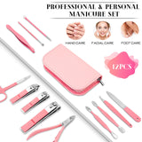 Manicure Pedicure Set, 12 Pcs Nail Care Kit for Women, Mens Nail Grooming Kit, Manicure & Pedicure Tools & Accessories, Pink Nail Kit Manicure Set Luxury Leather Case for Home Salon Use