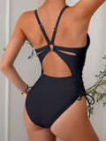 Emoswim - Womens One Piece Swimsuits Tummy Control Summer Beach Bathing Suit for Women Solid Color V Neck Back O Ring Swimwear