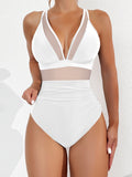 Emoswimsuit - Women Plus Size One Piece Swimsuit V Neck Mesh Sheer Tummy Control Bathing Suit