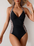 Emoswimsuit - Women One Piece Swimsuit Leopard Splicing Halter V Neck Sexy Tummy Control Push Up Swimwear Back Tie Bathing Suit