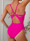 Emoswim - Womens One Piece Swimsuits Tummy Control Summer Beach Bathing Suit for Women Solid Color V Neck Back O Ring Swimwear