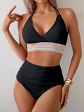 Emoswimsuit - Two Piece High Waisted Bikini Sets Tummy Control Color Block Suspender Swimwear