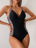 Emoswimsuit - Women One Piece Swimsuit Leopard Splicing Halter V Neck Sexy Tummy Control Push Up Swimwear Back Tie Bathing Suit