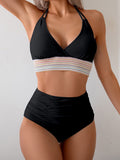 Emoswimsuit - Two Piece High Waisted Bikini Sets Tummy Control Color Block Suspender Swimwear