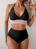 Emoswimsuit - Two Piece High Waisted Bikini Sets Tummy Control Color Block Suspender Swimwear