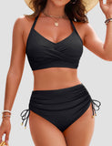 Emoswim - Womens High Waisted Bikini Sets Drawstring Tummy Control Swimsuits Crisscross Tie Back Bathing Suit