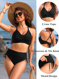 Emoswim - Womens High Waisted Bikini Sets Drawstring Tummy Control Swimsuits Crisscross Tie Back Bathing Suit
