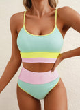 Emoswimsuit - Women 2 Piece Bikini Set High Waisted Color Block Swimsuit Beach Scrunch Ribbed Bathing Suit