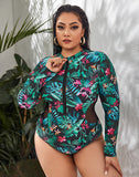 EMOSWIM - Palm Leaves Color High Neckline Long Sleeve Zipper One Piece Swimsuit