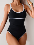 Emoswimsuit - Womens Tummy Control Swimsuit Color Block One Piece Bathing Suits Slimming Double Straps Swimwear High Cut Swim Suit