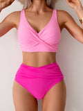 Emoswimsuit - Women's High Waisted Bikini Sets Solid Pleated 2 Piece Swimsuits Sexy Beach Sets with Removable Pads