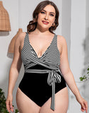 Solid Striped Plus Size One-Piece Swimsuit