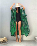 Emoswim - Green Hooded Printed Beach Vacation Swimsuit Cover Up