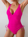 Emoswim - Womens One Piece Swimsuits Tummy Control Summer Beach Bathing Suit for Women Solid Color V Neck Back O Ring Swimwear