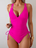 Emoswim - Womens One Piece Swimsuits Tummy Control Summer Beach Bathing Suit for Women Solid Color V Neck Back O Ring Swimwear