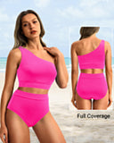 Emoswim - One Shoulder High Waisted Bikini Sets Two Piece Swimsuit Tummy Control-Pink