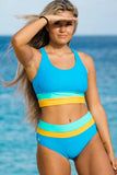 Emoswim - High Waist Colorblock Marine Cut Back Crop Bikini Set