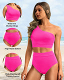 Emoswim - One Shoulder High Waisted Bikini Sets Two Piece Swimsuit Tummy Control-Pink
