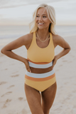 Emoswim - High Waist Colorblock Marine Cut Back Crop Bikini Set