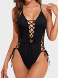 Emoswim - Women Sexy Lace Up One Piece Swimsuit Deep Plunge V Neck High Cut Bathing Suits