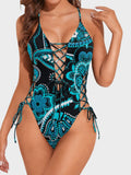 Emoswim - Women Sexy Lace Up One Piece Swimsuit Deep Plunge V Neck High Cut Bathing Suits
