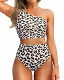 Emoswim-High-Waist One-Shoulder Tummy Control Bikini Set-Navy Blue