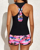 Emoswimsuit - Pink Palm 3 Piece Tank Bathing Suits With Shorts And Racer back Sports