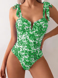 Emoswim - Women's One Piece Swimsuits Tummy Control Bathing Suits V Neck Boho Tie Shoulder Ruched Full