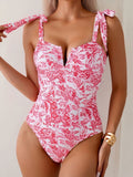 Emoswim - Women's One Piece Swimsuits Tummy Control Bathing Suits V Neck Boho Tie Shoulder Ruched Full