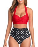 Emoswim - Adjustable Self-Tie Halter Neck Vintage High Waisted Bikini